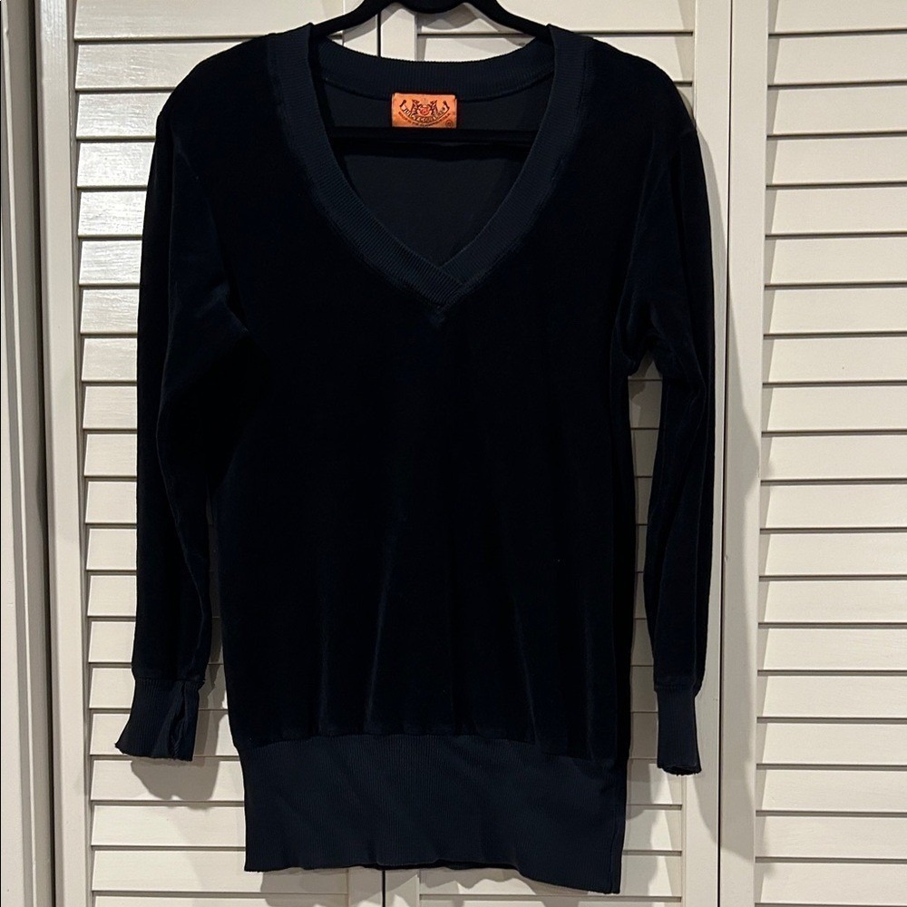 Vintage Y2K Juicy Couture Black Velvet V-Neck Sweater Size Small